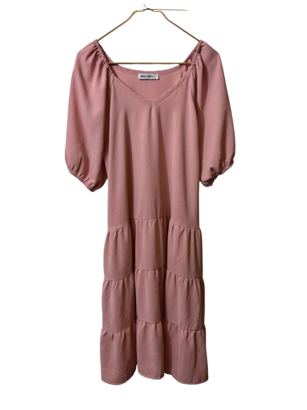 Grace Karin Rose Mauve Tiered V-Neck Midi Dress large
